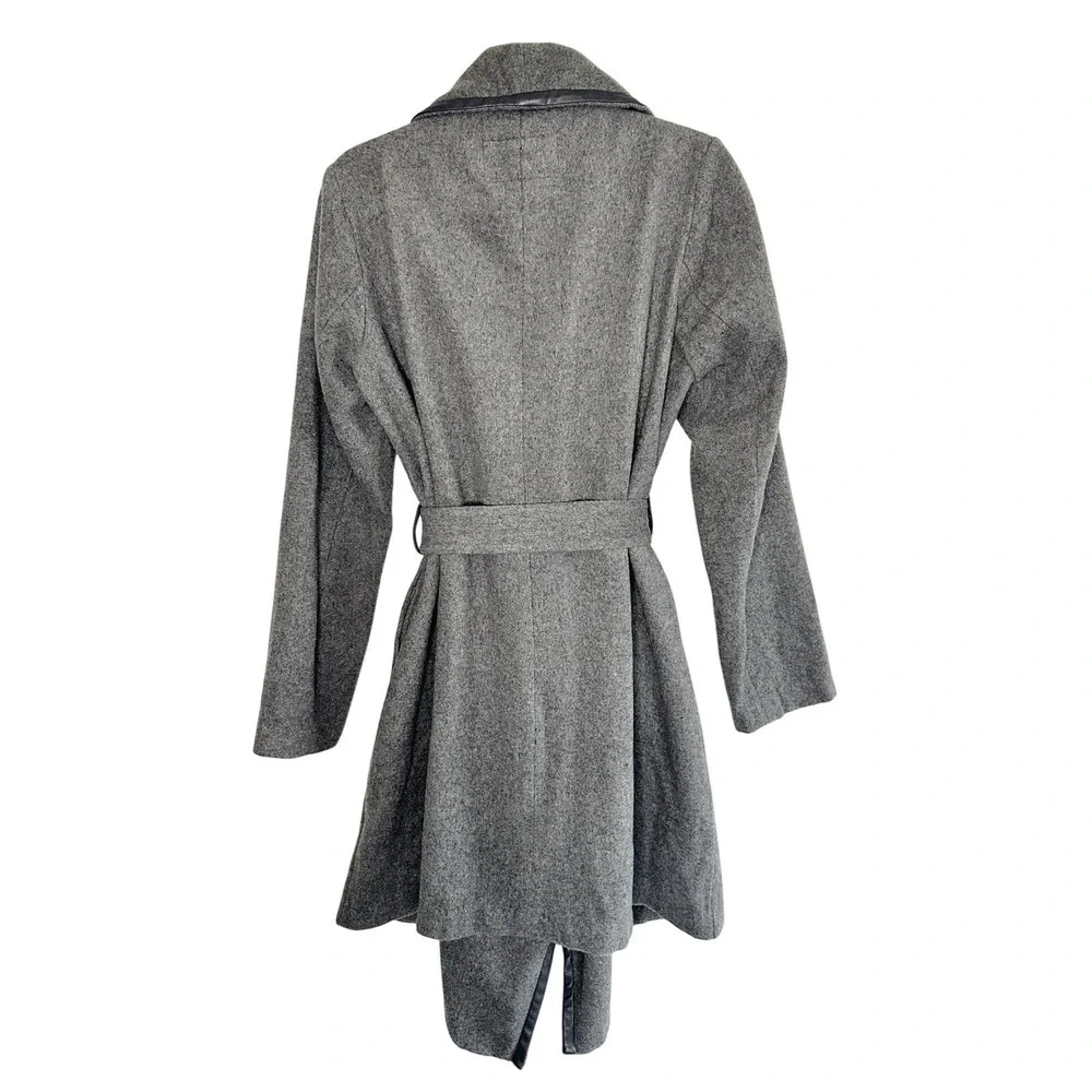 Nanette Lepore Gray Wool Blend Faux Leather Trim Wrap Coat Large Minimalist Chic
